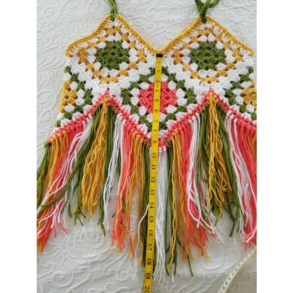 Fringed crop top granny squares boho hippie crochet Festival Party Funky - Picture 4 of 9